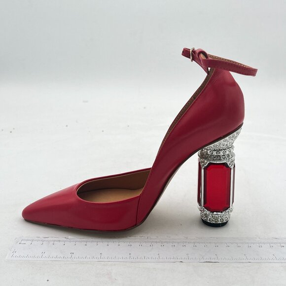 FSJ Red Crystal Block High Heels Pointed Toe Rhinestone Pumps Ankle Strap Shoes - Picture 2 of 7